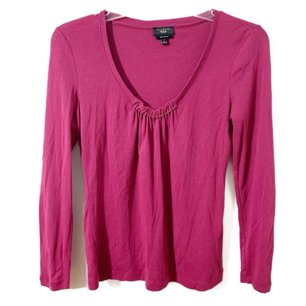 Talbots Petites Long Sleeve V-Neck Cotton Top Metal Bead Detailing at Neckline
